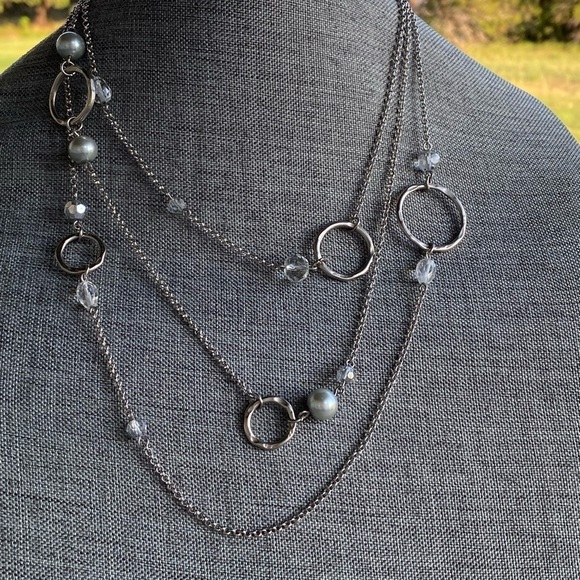 WHBM White House Black Market Necklace Silver Tone Three Strands Asymmetric - Picture 4 of 8